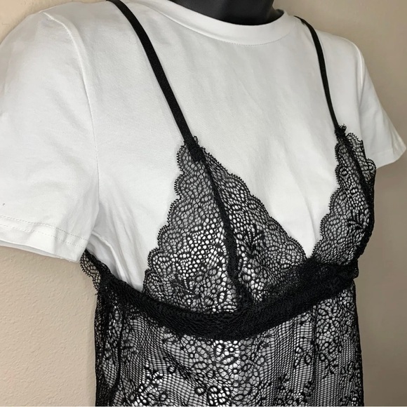 XS Shein White Tee Black Lace Overlay Short Sleeve Top Stretch Y2k Style - Picture 4 of 9